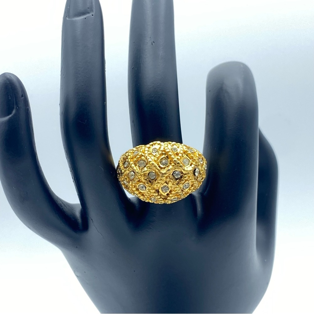 Chunky Gold Tone Pave Rhinestone Crystal Dome Ring sz 6 w Sizer Victorian Style